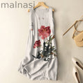 Vintage Japanese Ink Flower Calligraphy Art Print Sleeveless Cotton And Linen Midi Dress