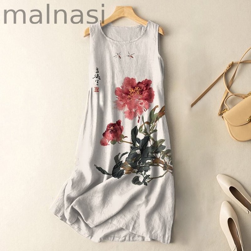Vintage Japanese Ink Flower Calligraphy Art Print Sleeveless Cotton And Linen Midi Dress