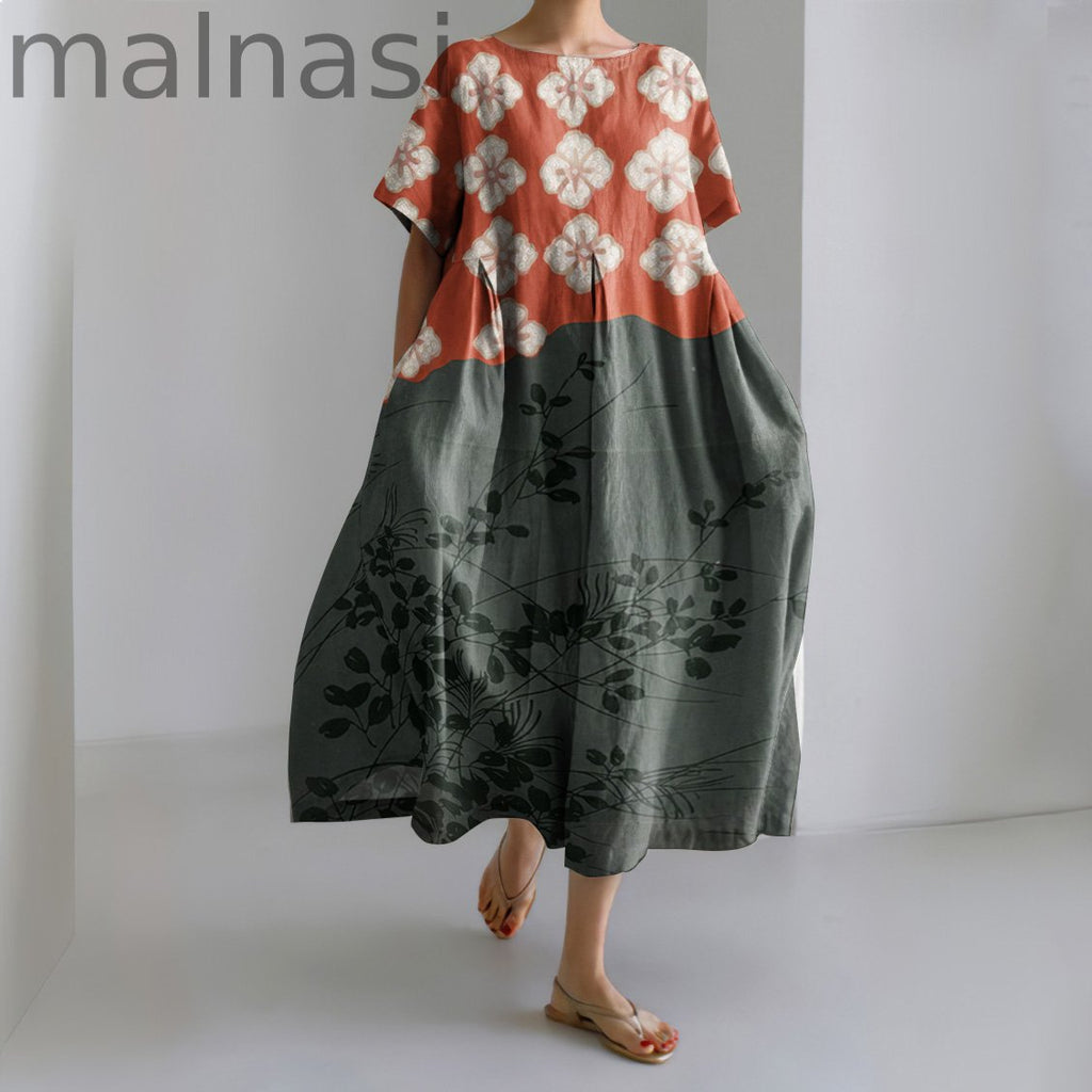 Japanese Art Flower Print Round Neck Short Sleeve Casual Midi Dress