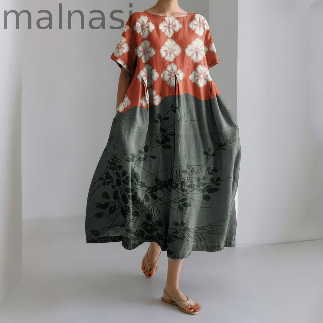 Japanese Art Flower Print Round Neck Short Sleeve Casual Midi Dress
