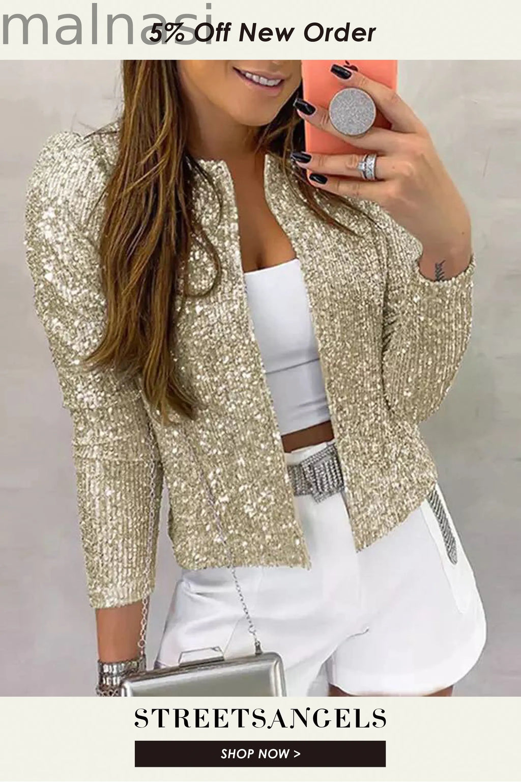 Trendy Party Crew Neck Smooth Sequined Puff Sleeve Jacket