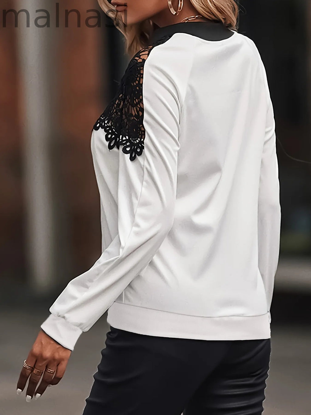 Contrast Lace Zipper Jacket, Casual Long Sleeve Jacket For Spring & Fall, Women's Clothing