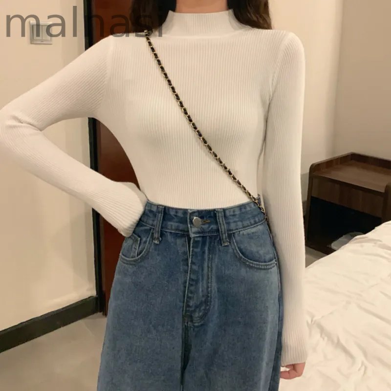 Fashion Long Sleeve Slim High Neck Solid Color Bottom Knit Sweater