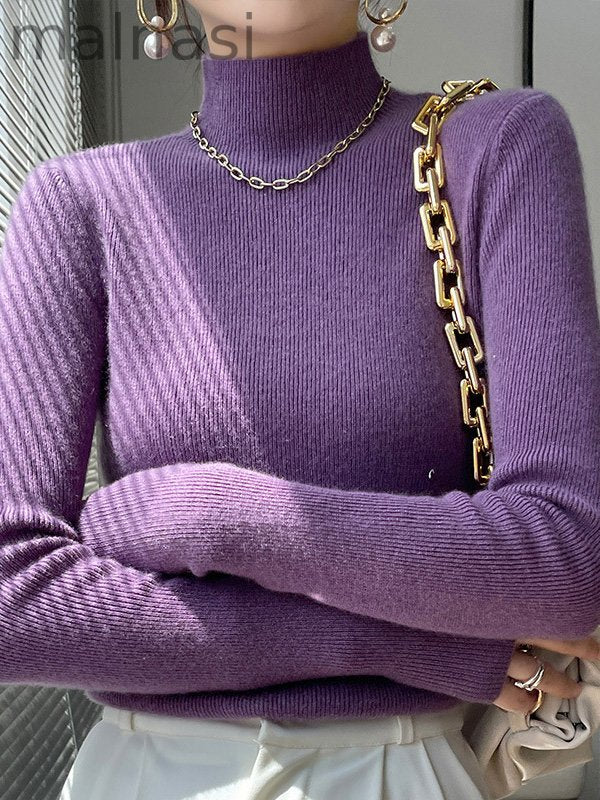 Casual Skinny Long Sleeves Solid Color Half Turtleneck Sweater Tops