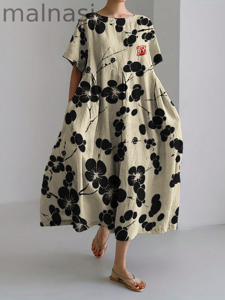 Cherry Blossom Japanese Lino Art Linen Blend Maxi Dress