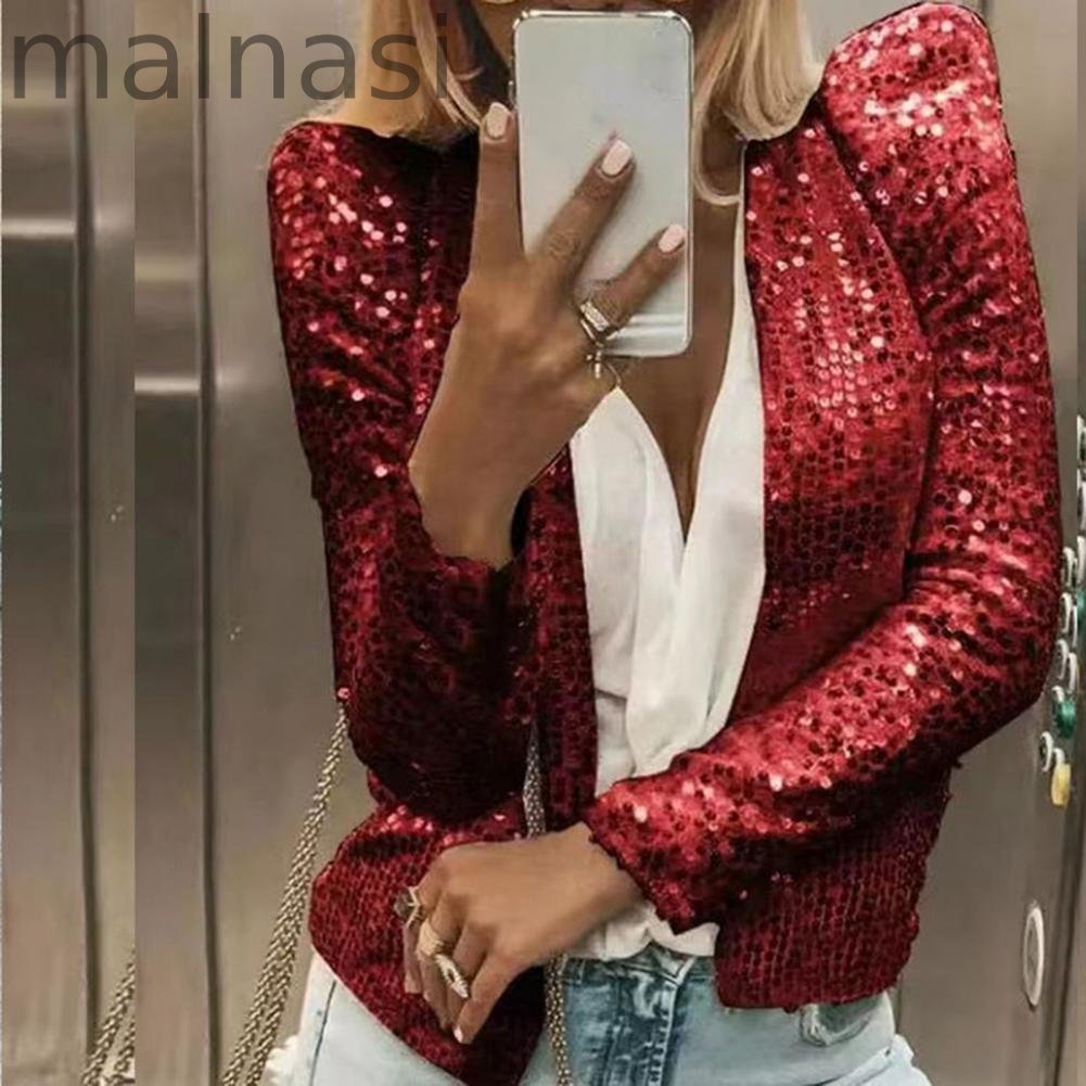 Trendy Party Crew Neck Smooth Sequined Puff Sleeve Jacket