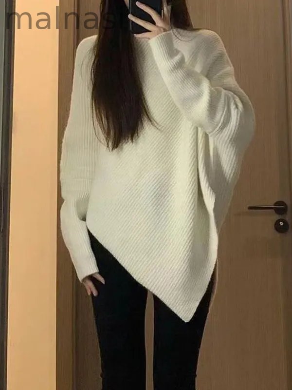 Velvet Solid Color Asymmetric Loose Long Sleeves High Neck Sweater Tops Pullovers Knitwear