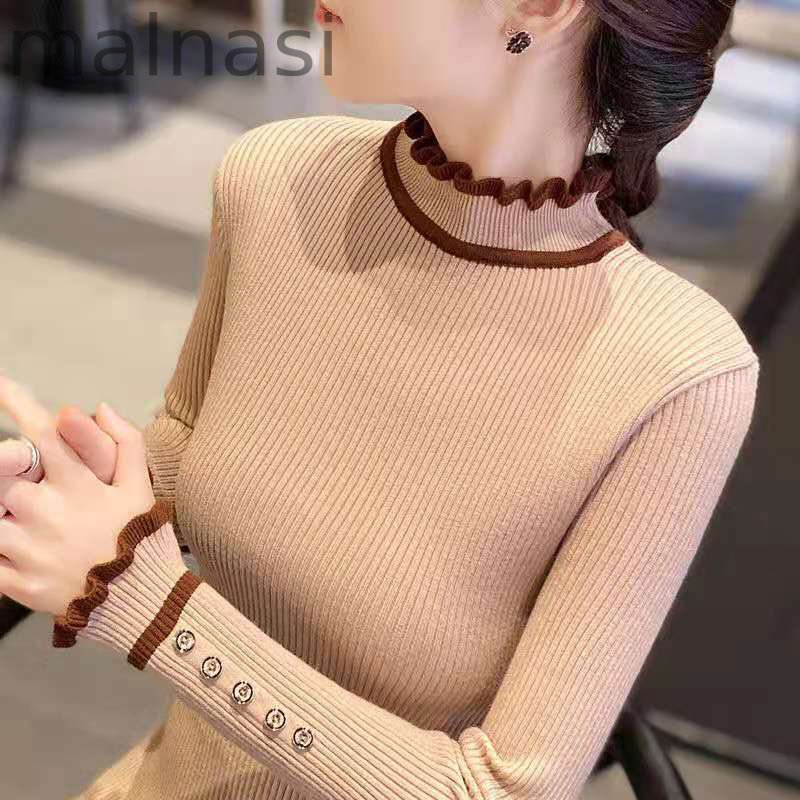 Sleek Button Ruffle Turtleneck Inside Slim Knit Sweaters