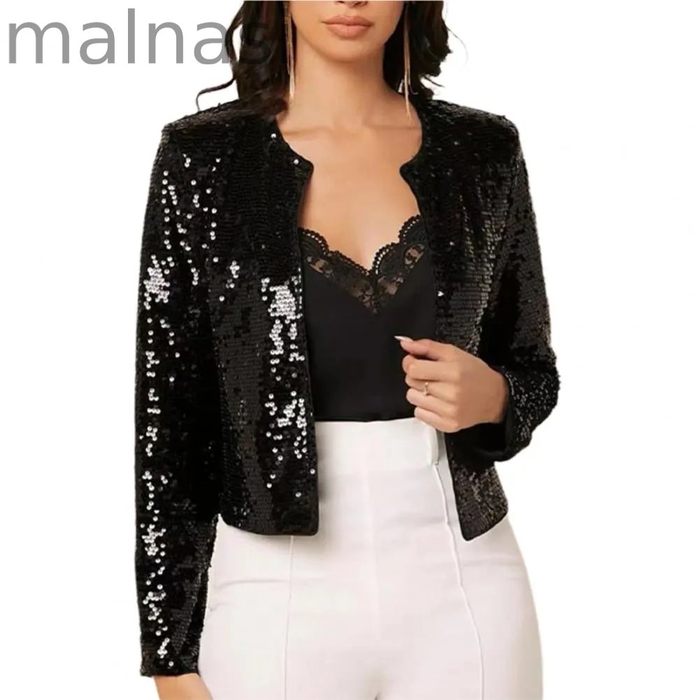 Trendy Party Crew Neck Smooth Sequined Puff Sleeve Jacket