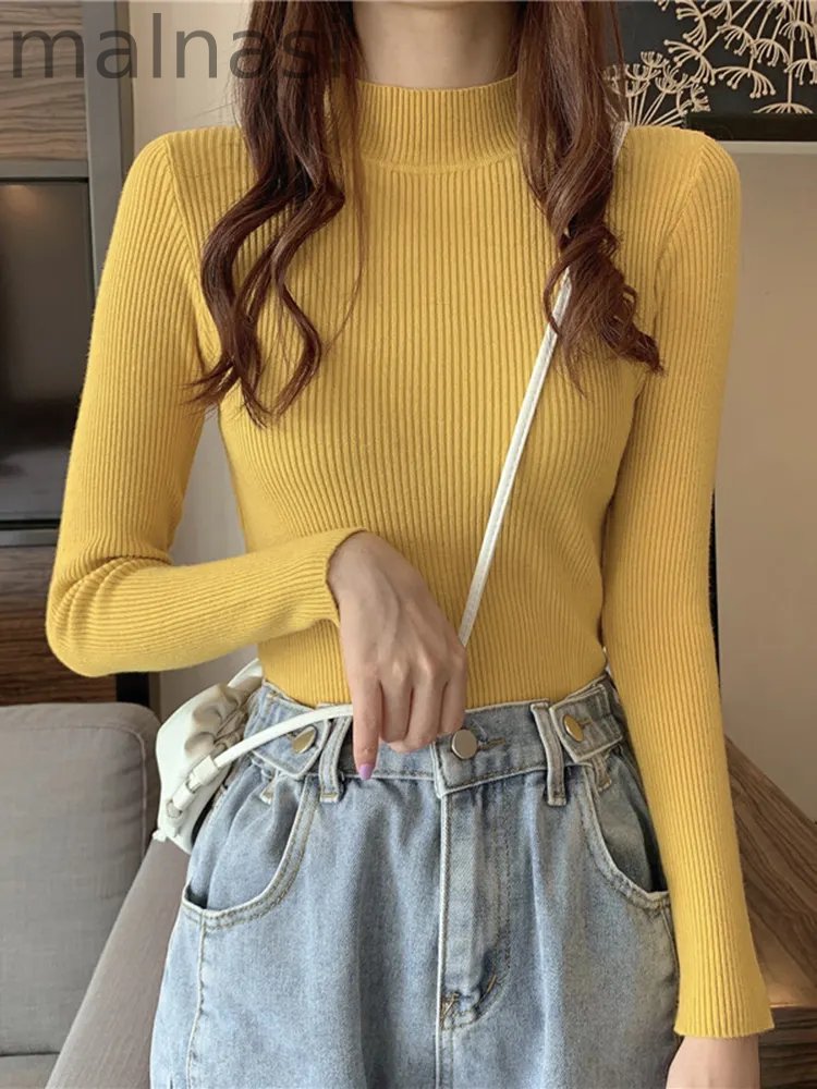 Fashion Long Sleeve Slim High Neck Solid Color Bottom Knit Sweater