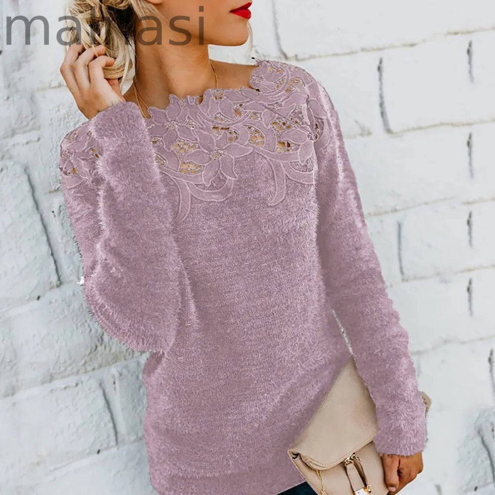 Loose Fashion Solid Color Long Sleeve O Neck Floral Lace Sweater