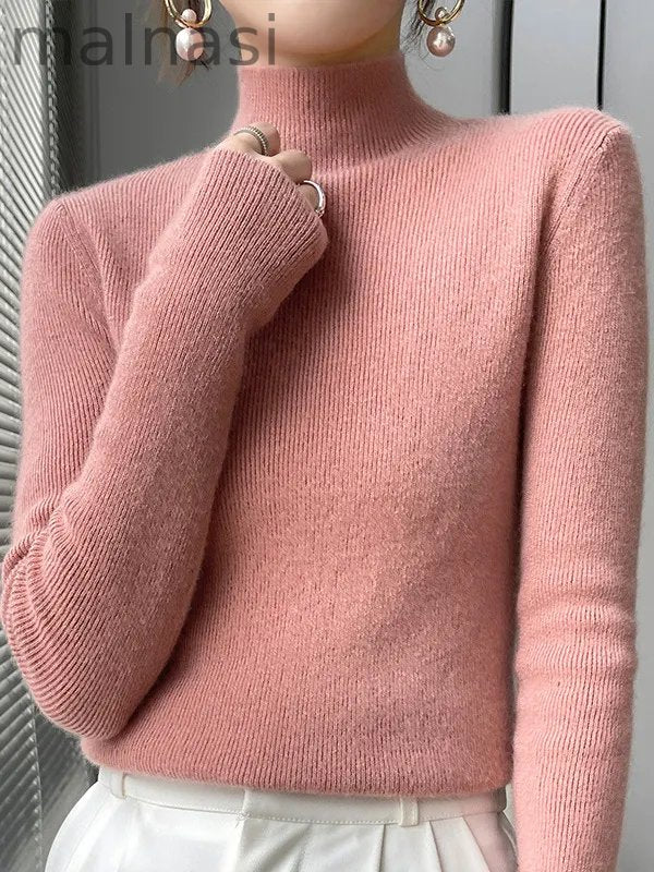 Casual Skinny Long Sleeves Solid Color Half Turtleneck Sweater Tops
