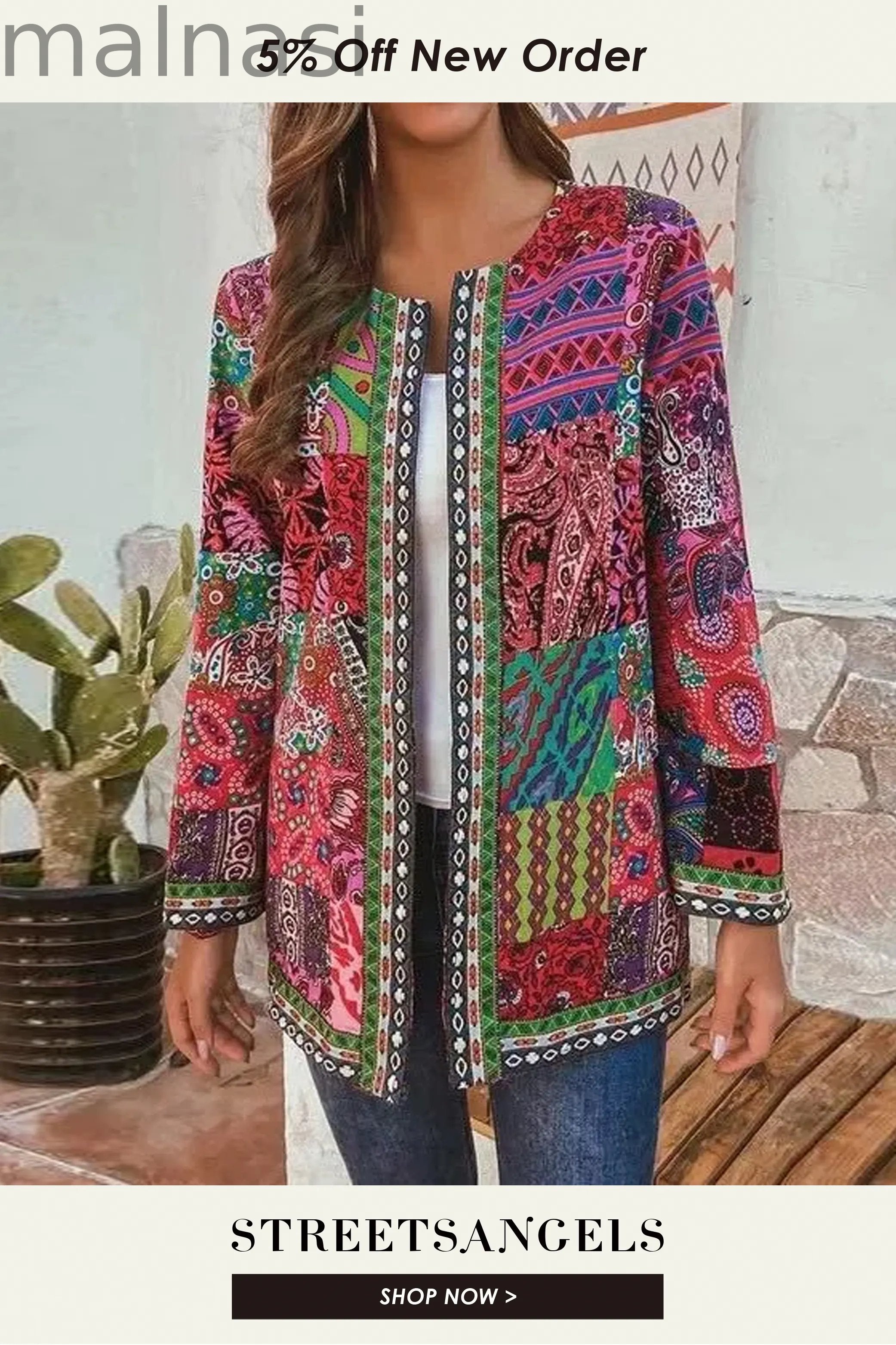 Women Chic Floral Print Long Sleeve Loose Jacket