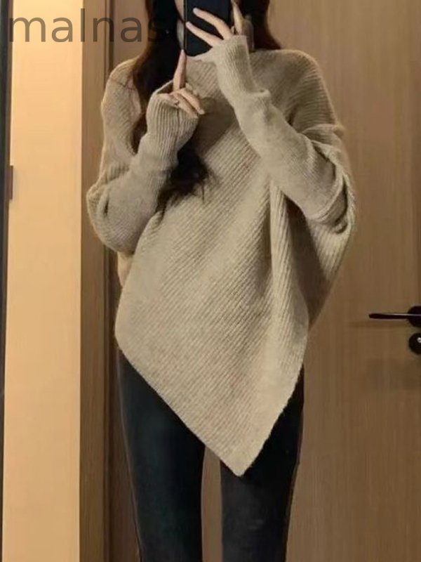 Velvet Solid Color Asymmetric Loose Long Sleeves High Neck Sweater Tops Pullovers Knitwear