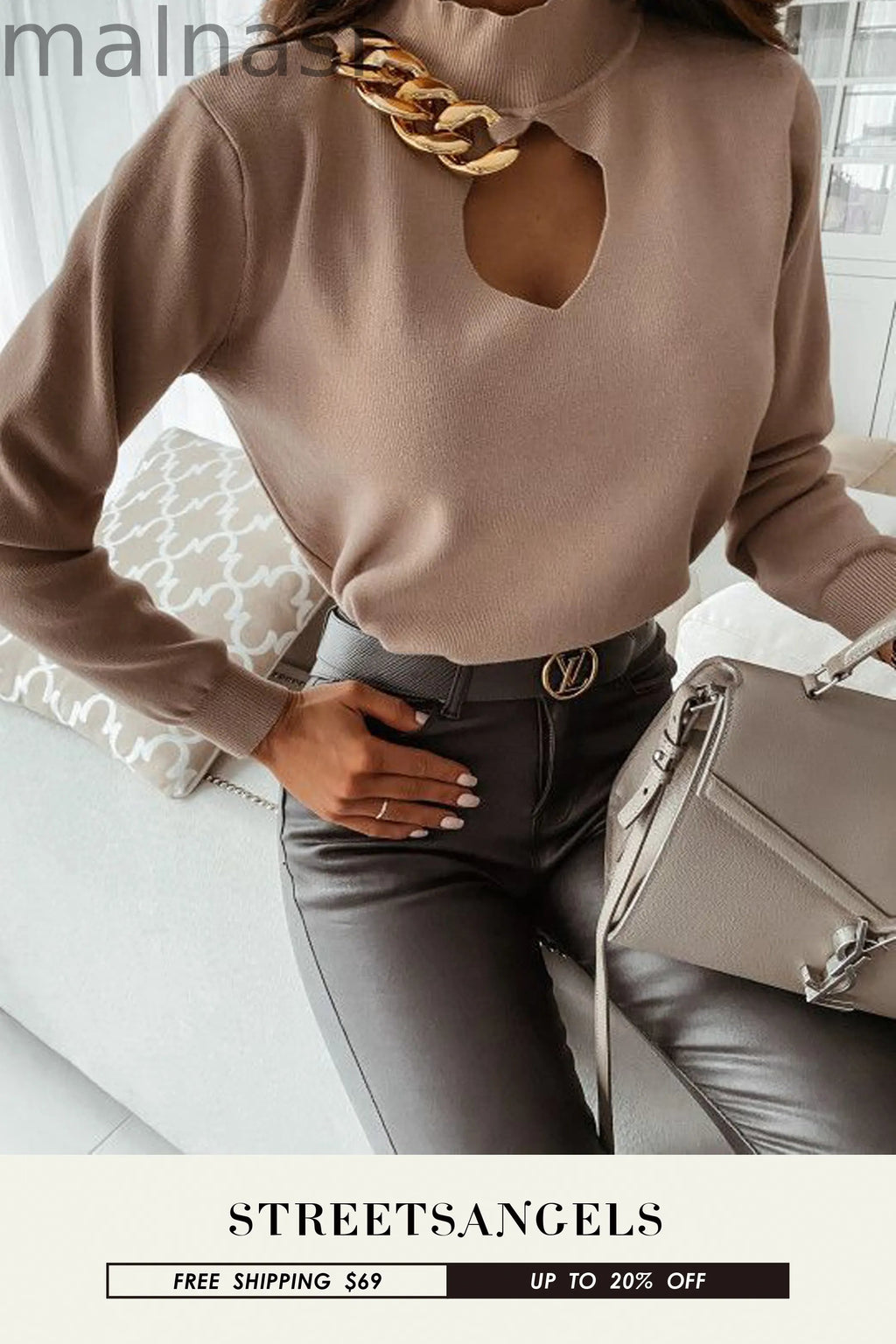 Sexy Top Cutout Chain Long Sleeve Turtleneck Elegant Knit Sweater