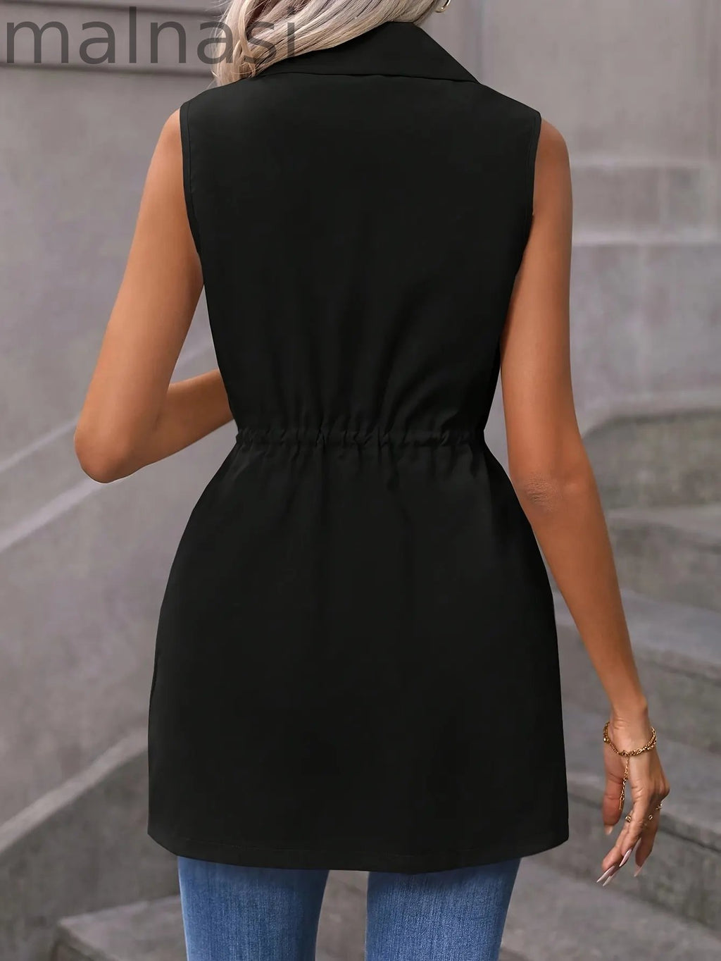 Solid Color Drawstring Vest, Elegant Sleeveless Open Front Vest For Spring & Summer, Women's Clothing