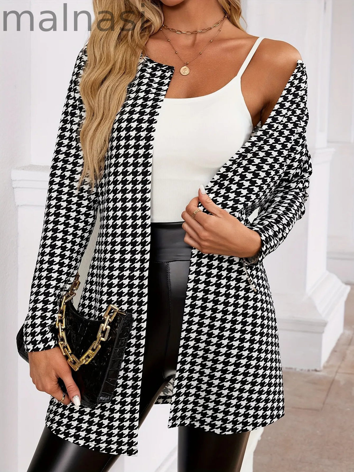 Stylish Crew Neck Long Sleeve Houndstooth Bomber Jacket