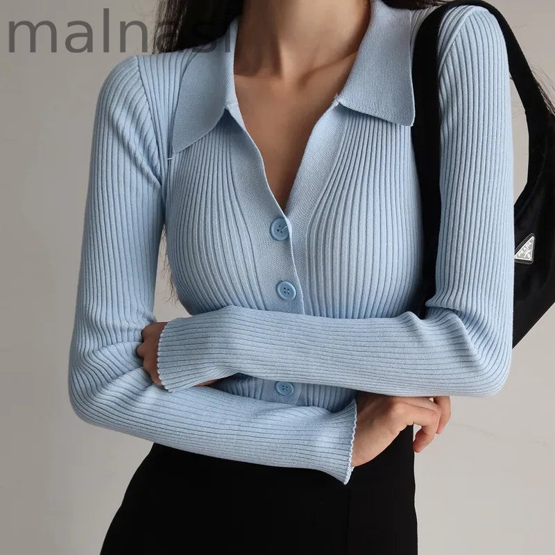 Sexy V-Neck Long Sleeve Lapel Slim Cutout Buttons  Sweaters  Cardigans