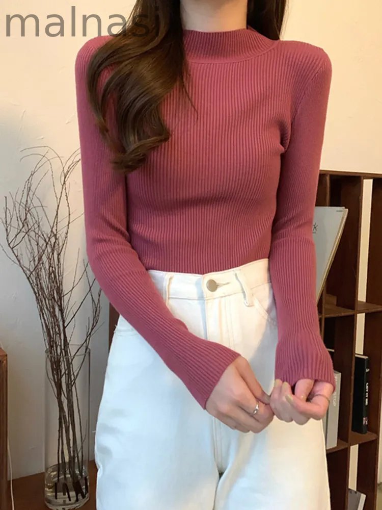 Fashion Long Sleeve Slim High Neck Solid Color Bottom Knit Sweater