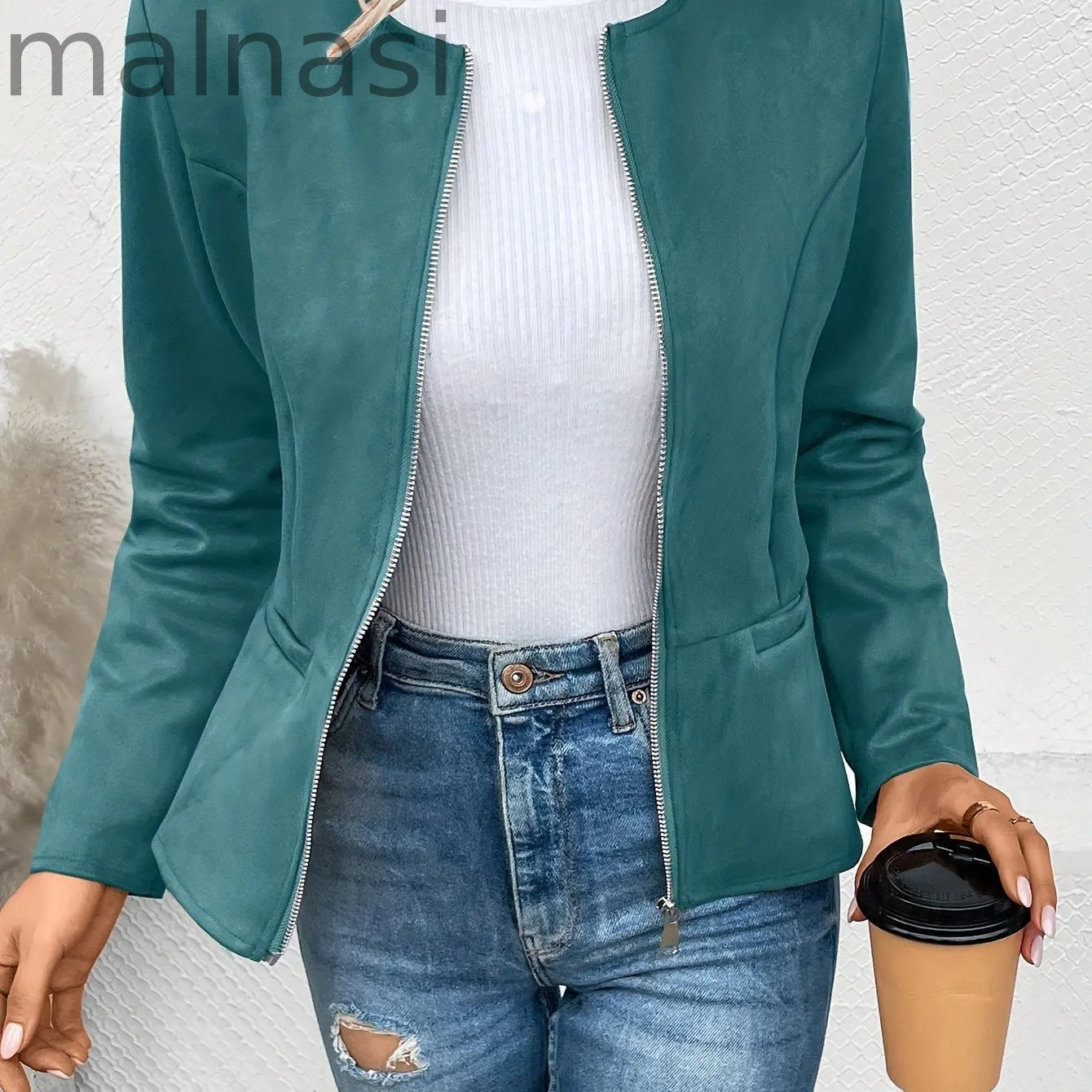 Solid Zip Up Jacket, Casual Long Sleeve Crew Neck Outerwear For Spring & Fall, Women's Clothing