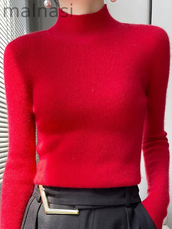 Casual Skinny Long Sleeves Solid Color Half Turtleneck Sweater Tops