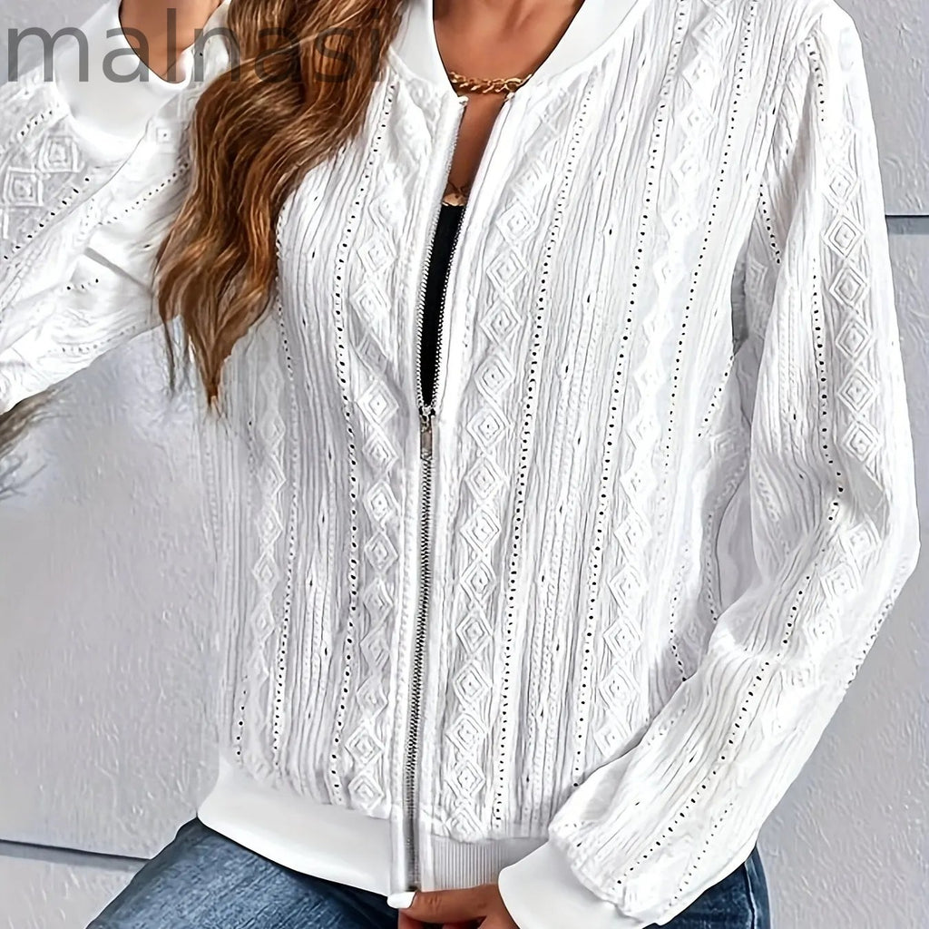 Jacquard Zip Up Bomber Jacket, Casual Long Sleeve Outwear For Spring & Fall, Women's Clothing