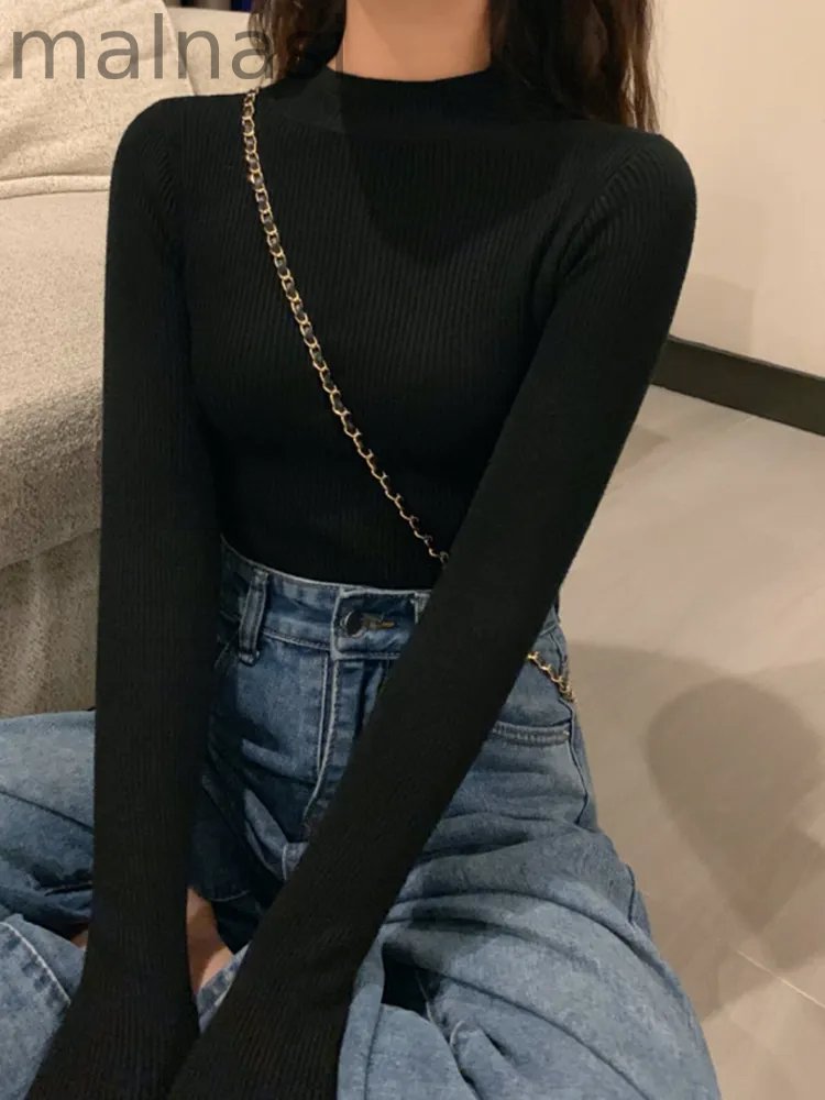 Fashion Long Sleeve Slim High Neck Solid Color Bottom Knit Sweater