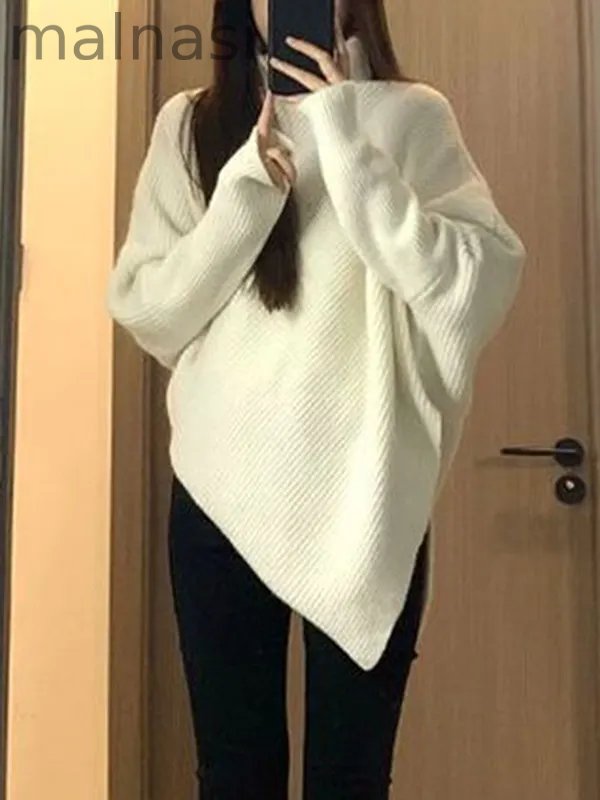 Velvet Solid Color Asymmetric Loose Long Sleeves High Neck Sweater Tops Pullovers Knitwear