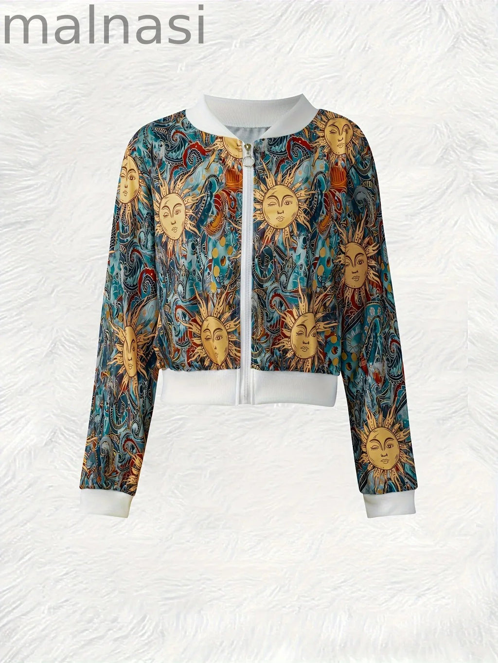 Sun Print Long Sleeve Jacket, Casual Full Zip Jacket For Spring & Fall, Women's Clothing