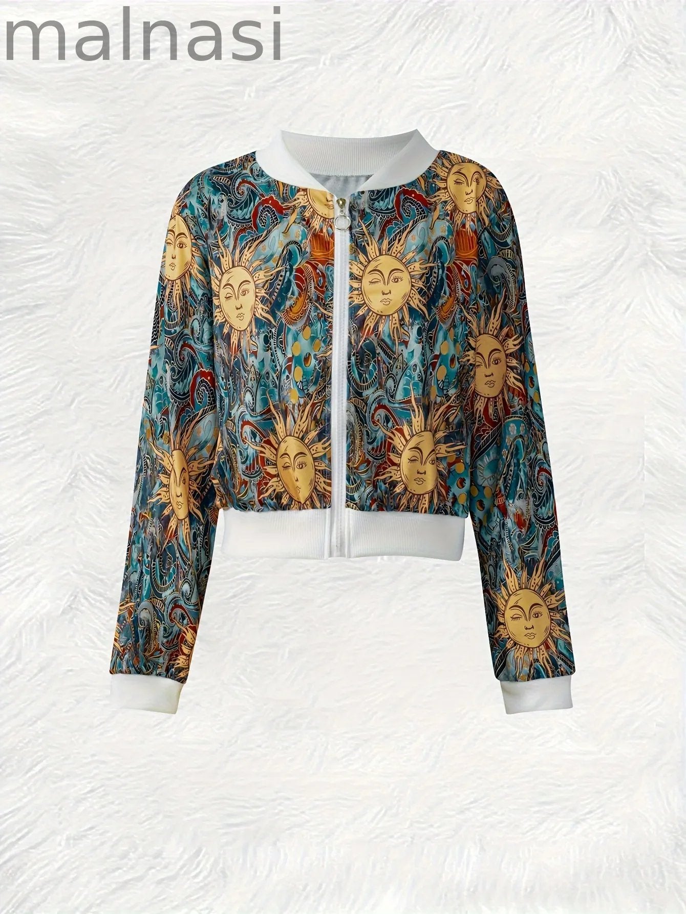 Sun Print Long Sleeve Jacket, Casual Full Zip Jacket For Spring & Fall, Women's Clothing