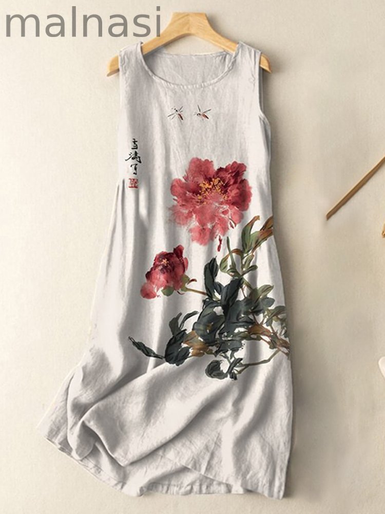 Vintage Japanese Ink Flower Calligraphy Art Print Sleeveless Cotton And Linen Midi Dress