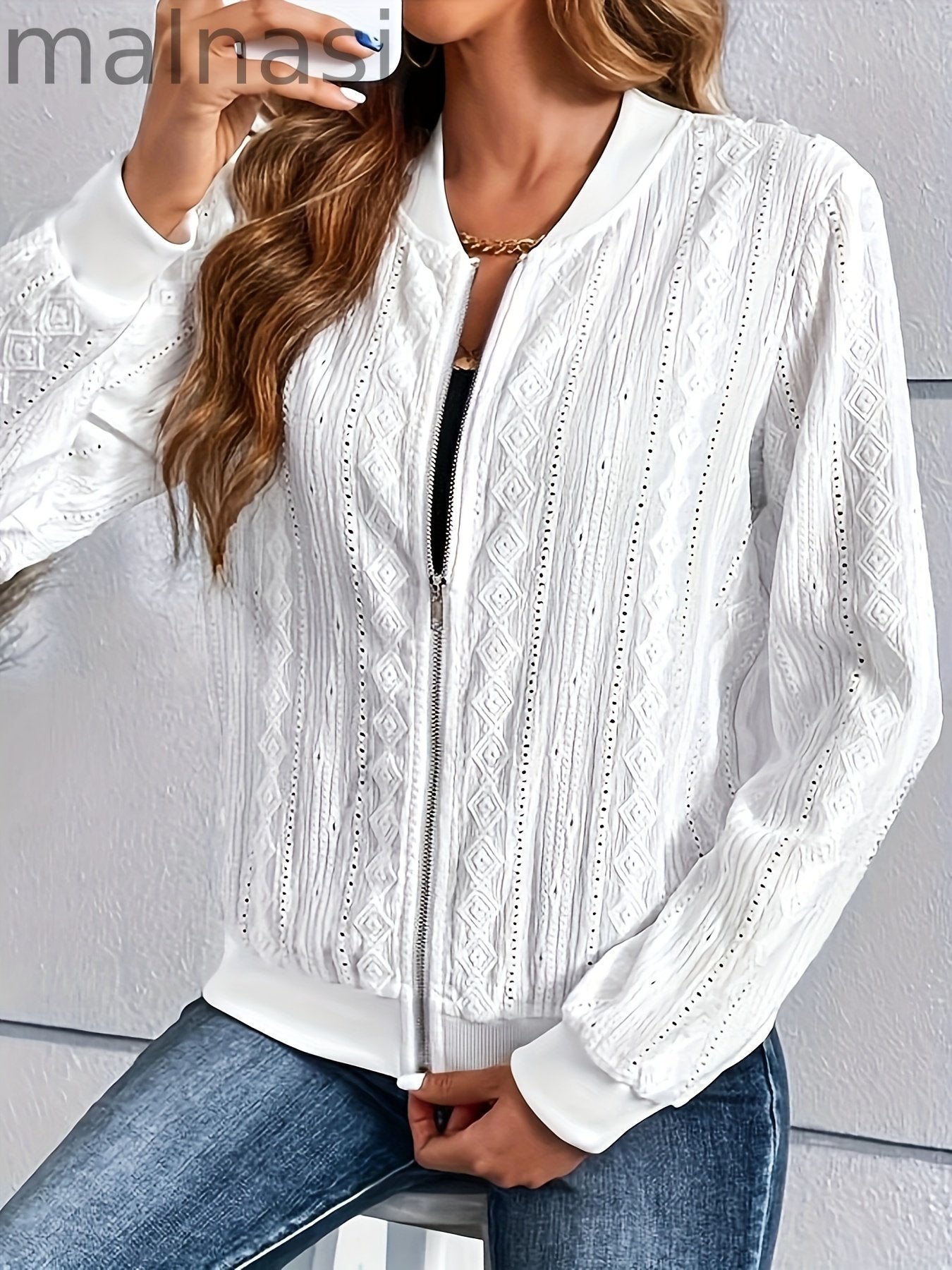 Jacquard Zip Up Bomber Jacket, Casual Long Sleeve Outwear For Spring & Fall, Women's Clothing