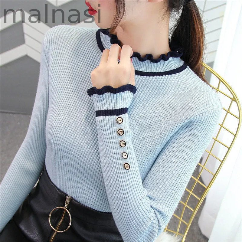 Sleek Button Ruffle Turtleneck Inside Slim Knit Sweaters