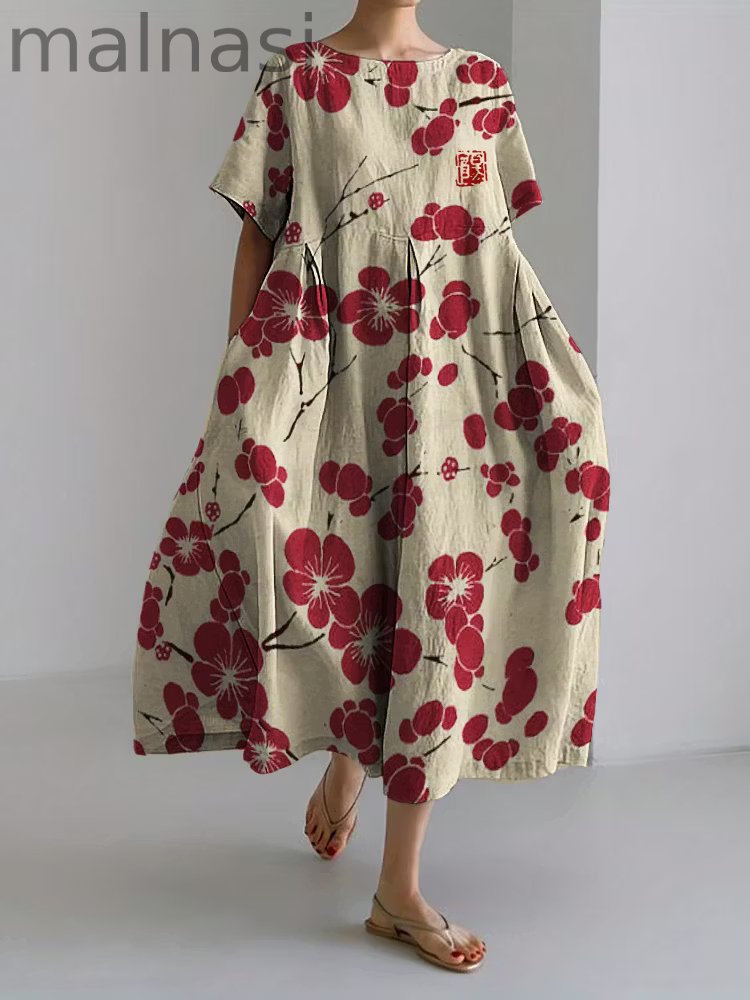Cherry Blossom Japanese Lino Art Linen Blend Maxi Dress