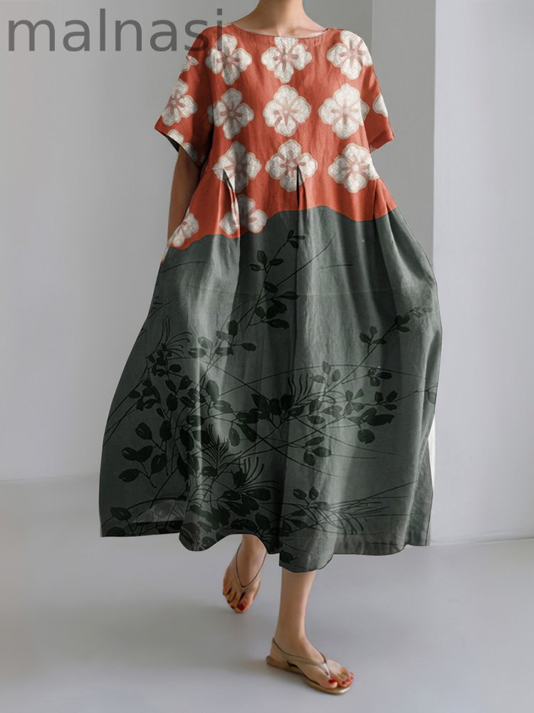 Japanese Art Flower Print Round Neck Short Sleeve Casual Midi Dress
