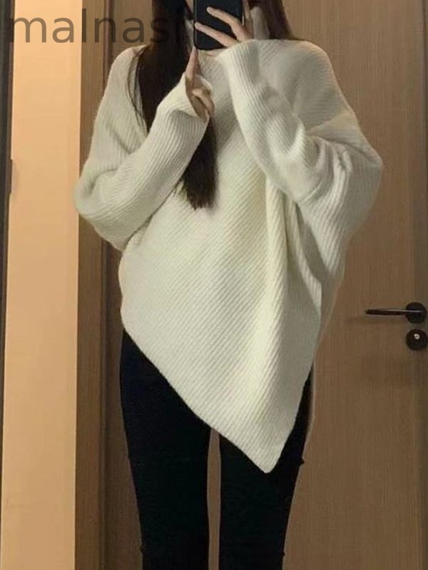 Velvet Solid Color Asymmetric Loose Long Sleeves High Neck Sweater Tops Pullovers Knitwear