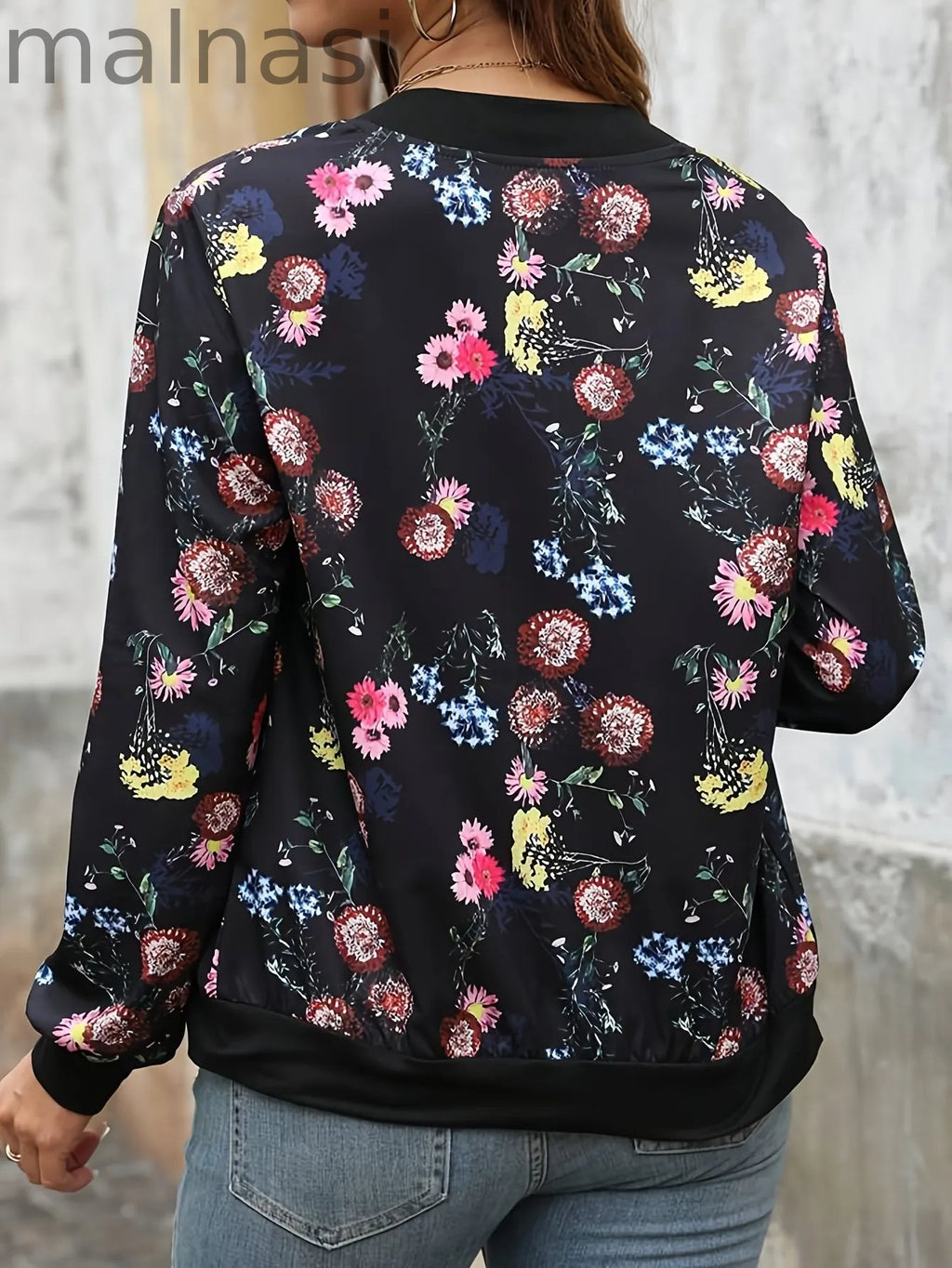 Zipper Front Floral Print Jacket, Elegant Long Sleeve Slim Jacket For Fall & Winter, Women's Clothing