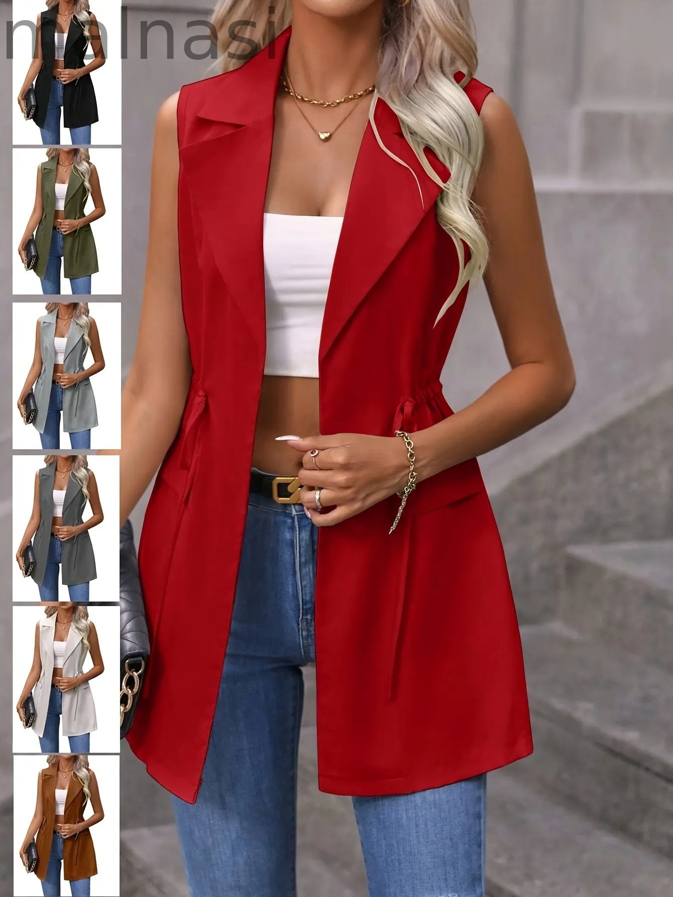 Solid Color Drawstring Vest, Elegant Sleeveless Open Front Vest For Spring & Summer, Women's Clothing