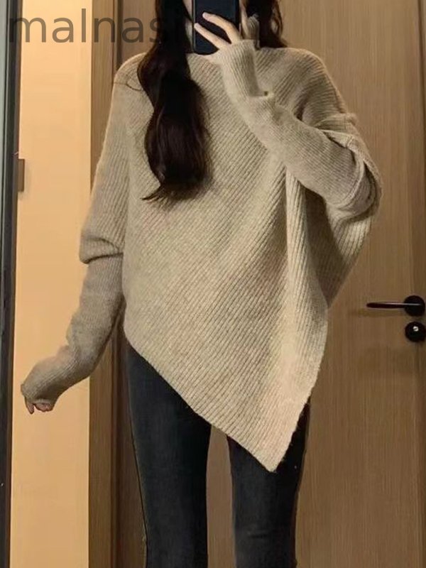 Velvet Solid Color Asymmetric Loose Long Sleeves High Neck Sweater Tops Pullovers Knitwear