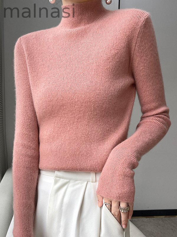 Casual Skinny Long Sleeves Solid Color Half Turtleneck Sweater Tops