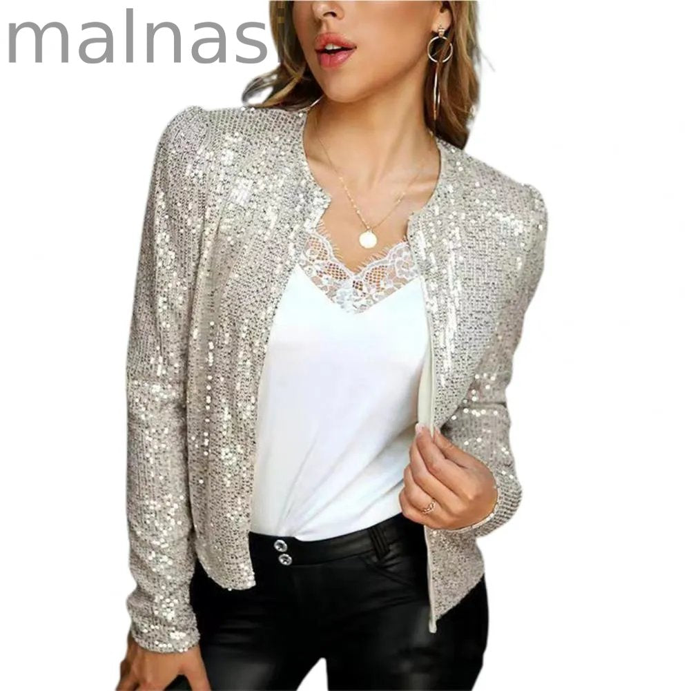 Trendy Party Crew Neck Smooth Sequined Puff Sleeve Jacket