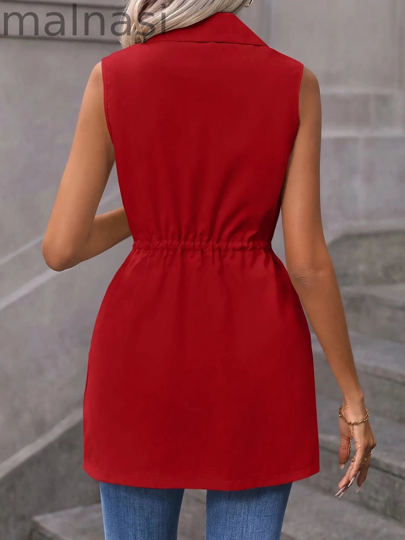 Solid Color Drawstring Vest, Elegant Sleeveless Open Front Vest For Spring & Summer, Women's Clothing