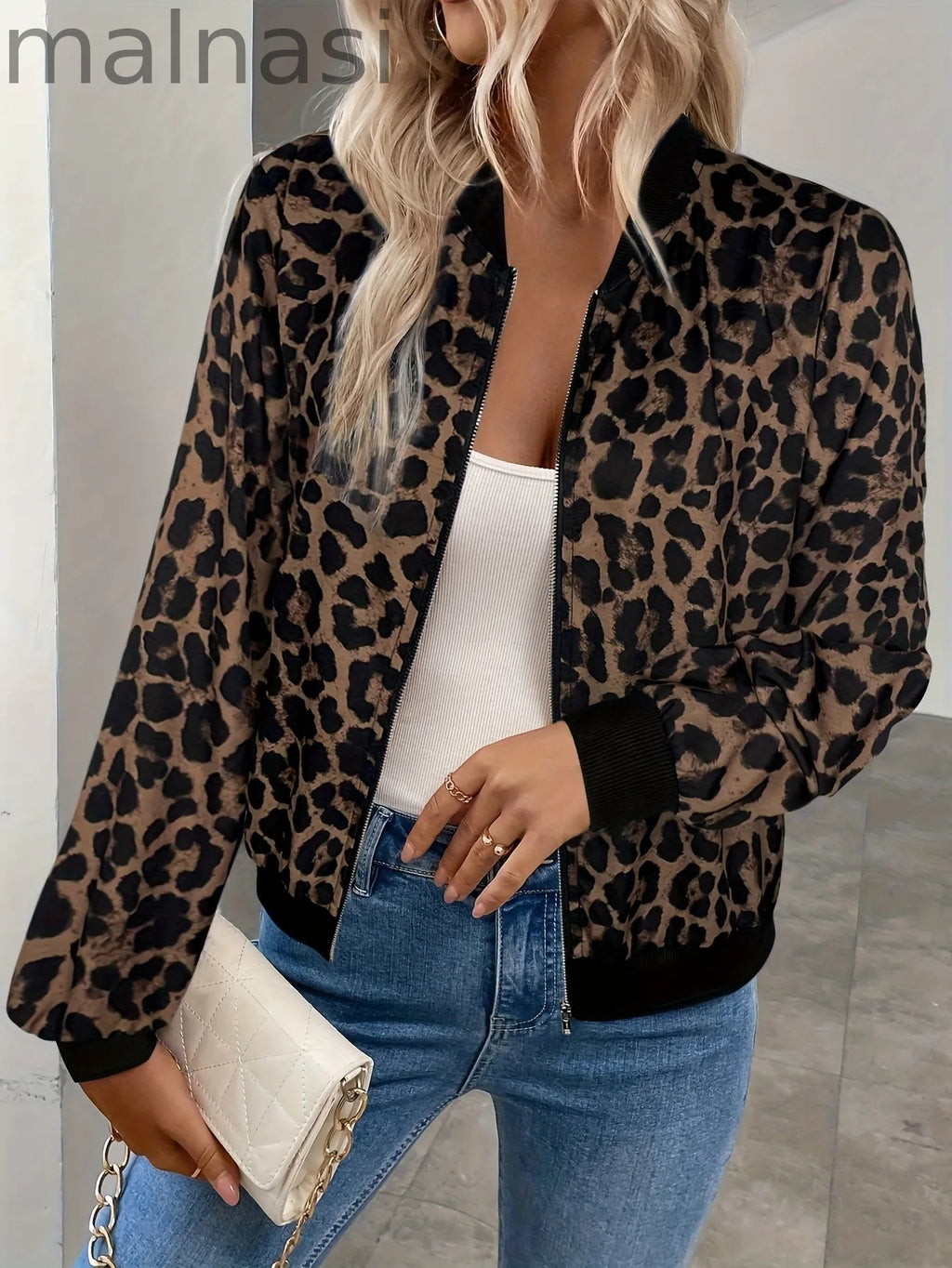 Women'S Elegant Leopard Print Zip-Up Casual Long Sleeve Jacket