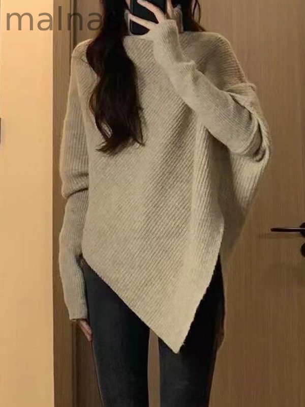 Velvet Solid Color Asymmetric Loose Long Sleeves High Neck Sweater Tops Pullovers Knitwear