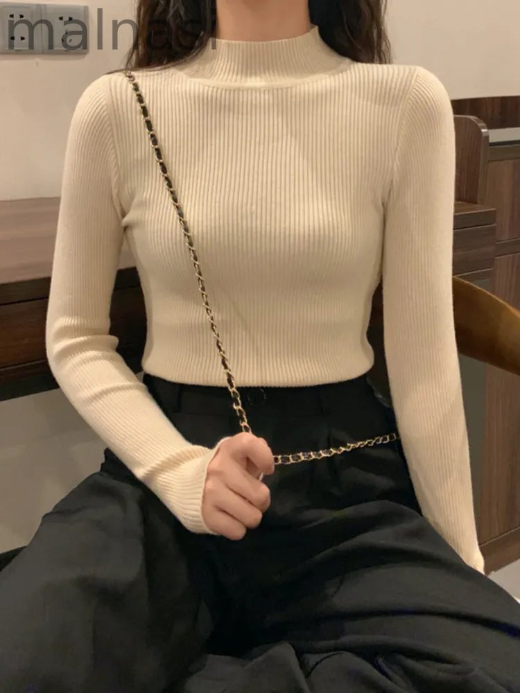 Fashion Long Sleeve Slim High Neck Solid Color Bottom Knit Sweater