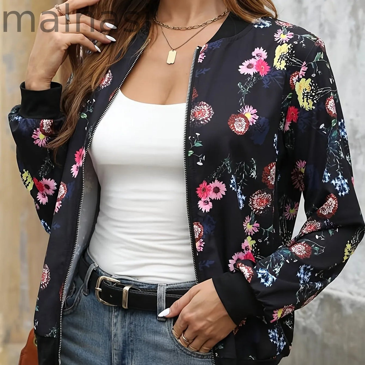 Zipper Front Floral Print Jacket, Elegant Long Sleeve Slim Jacket For Fall & Winter, Women's Clothing