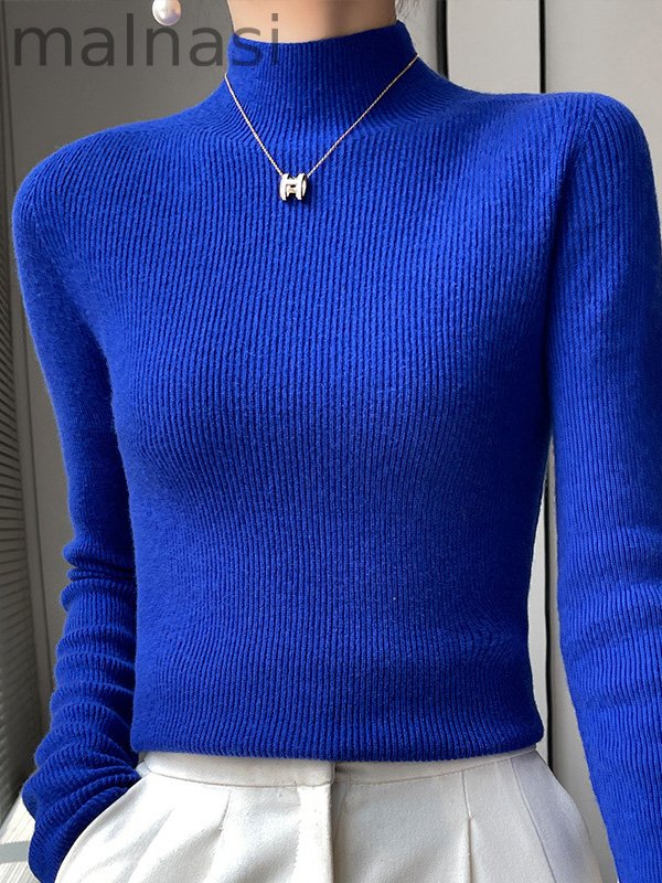 Casual Skinny Long Sleeves Solid Color Half Turtleneck Sweater Tops