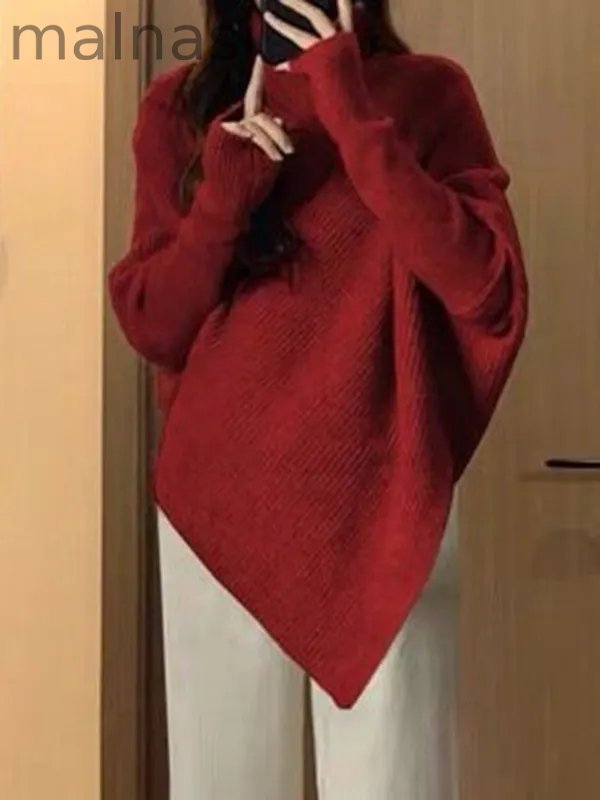 Velvet Solid Color Asymmetric Loose Long Sleeves High Neck Sweater Tops Pullovers Knitwear