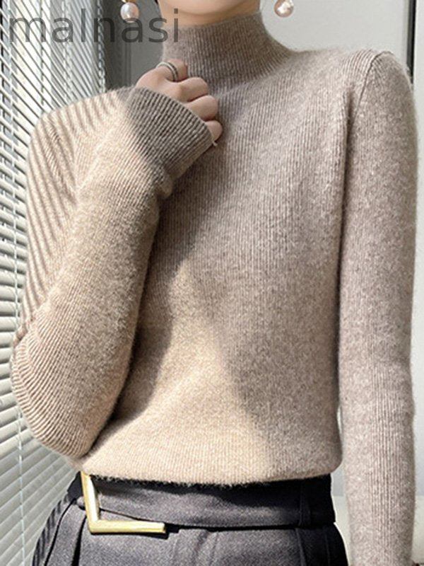 Casual Skinny Long Sleeves Solid Color Half Turtleneck Sweater Tops